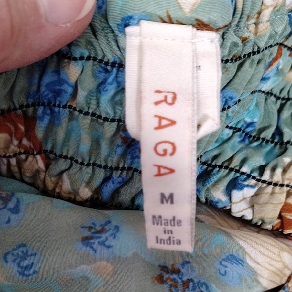 04099 Raga aqua, tan & rust bird print tiered satin strapless maxi dress M - Picture 12 of 14